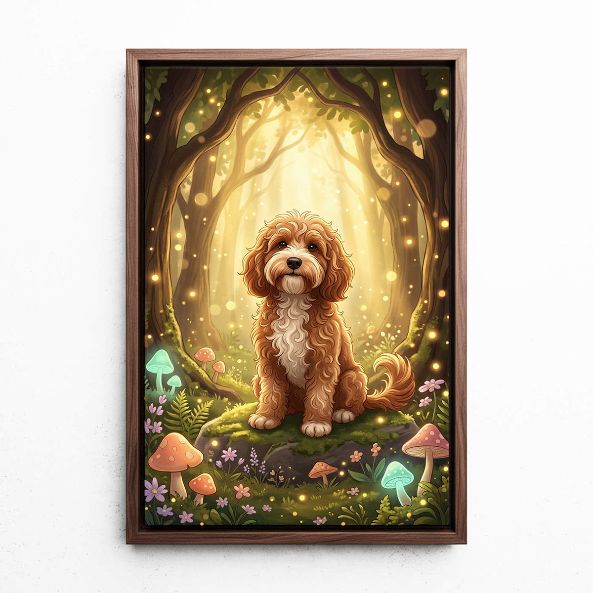 Retrato de perro en estilo fantasía / cartoon a partir de tu foto - lienzo con marco nogal