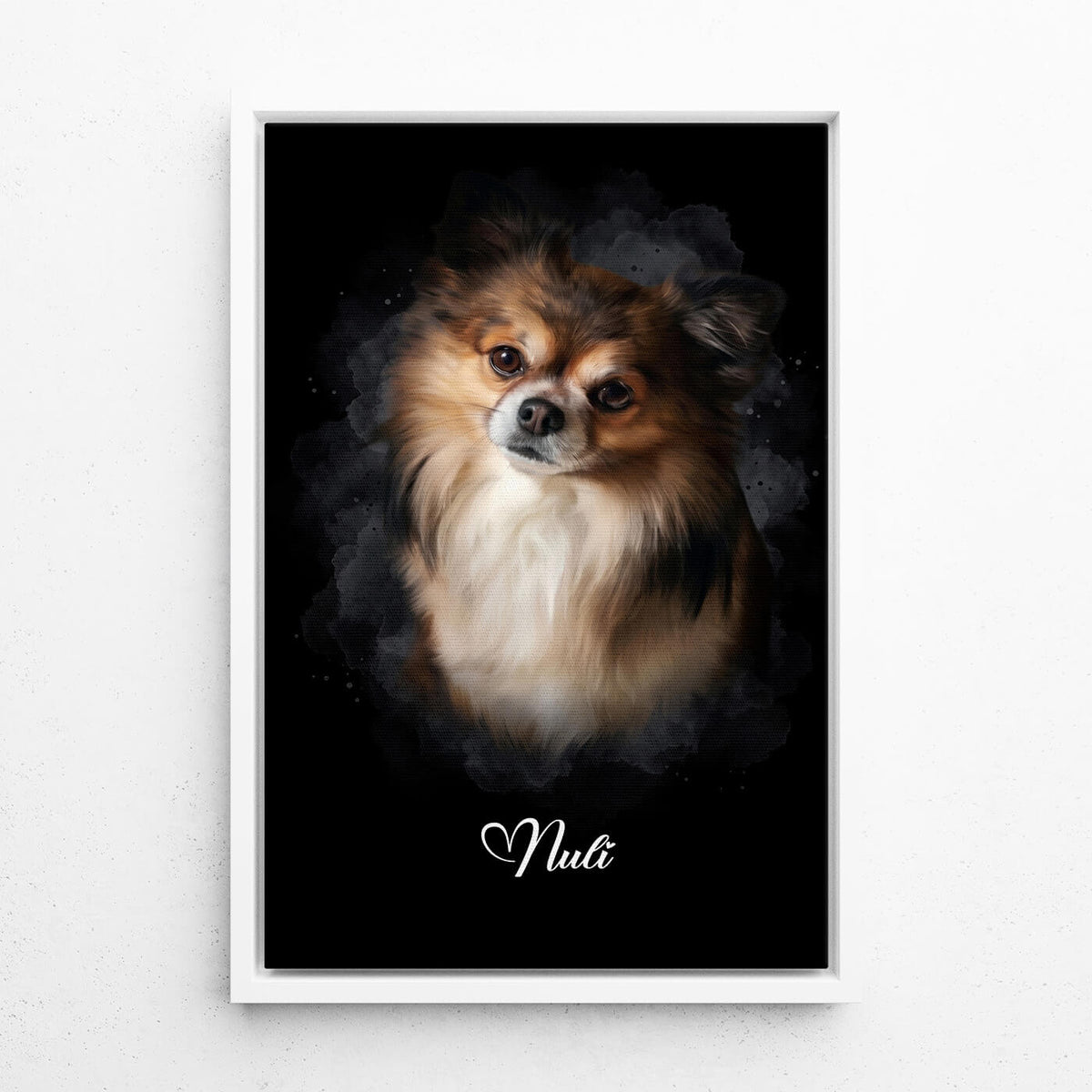 Retrato de perro en estilo acuarela - Negro a partir de tu foto - lienzo con marco blanco
