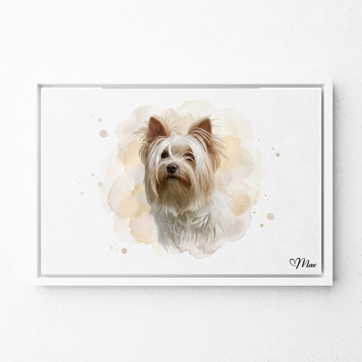 Retrato de perro en estilo acuarela (formato horizontal) a partir de tu foto - lienzo con marco blanco