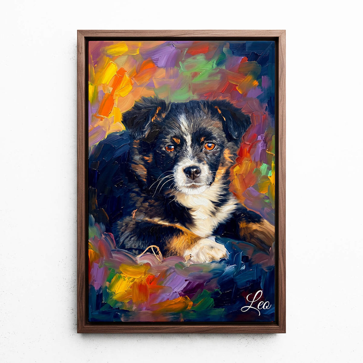 Retrato de perro en estilo pop art a partir de tu foto - lienzo con marco nogal