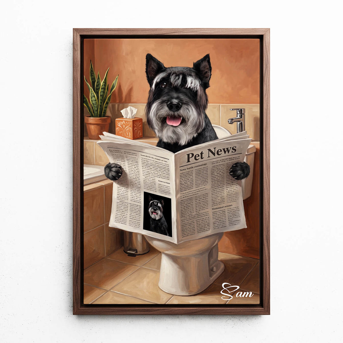 Retrato divertido de perro en el inodoro a partir de tu foto - lienzo con marco nogal