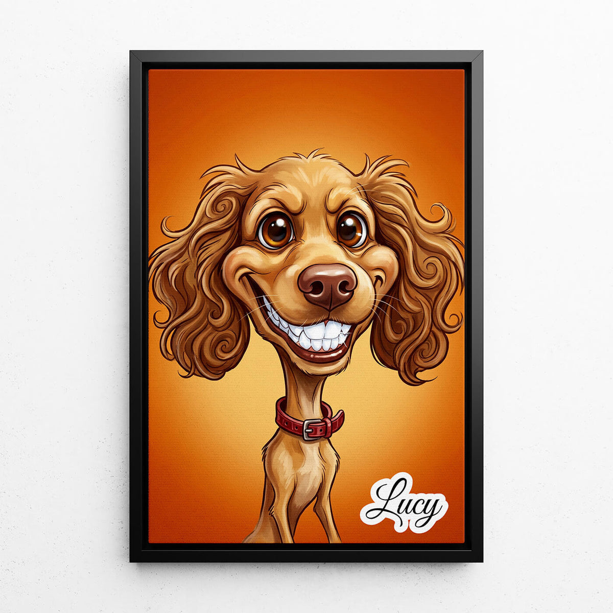 Retrato de perro en estilo caricatura a partir de tu foto - lienzo con marco negro