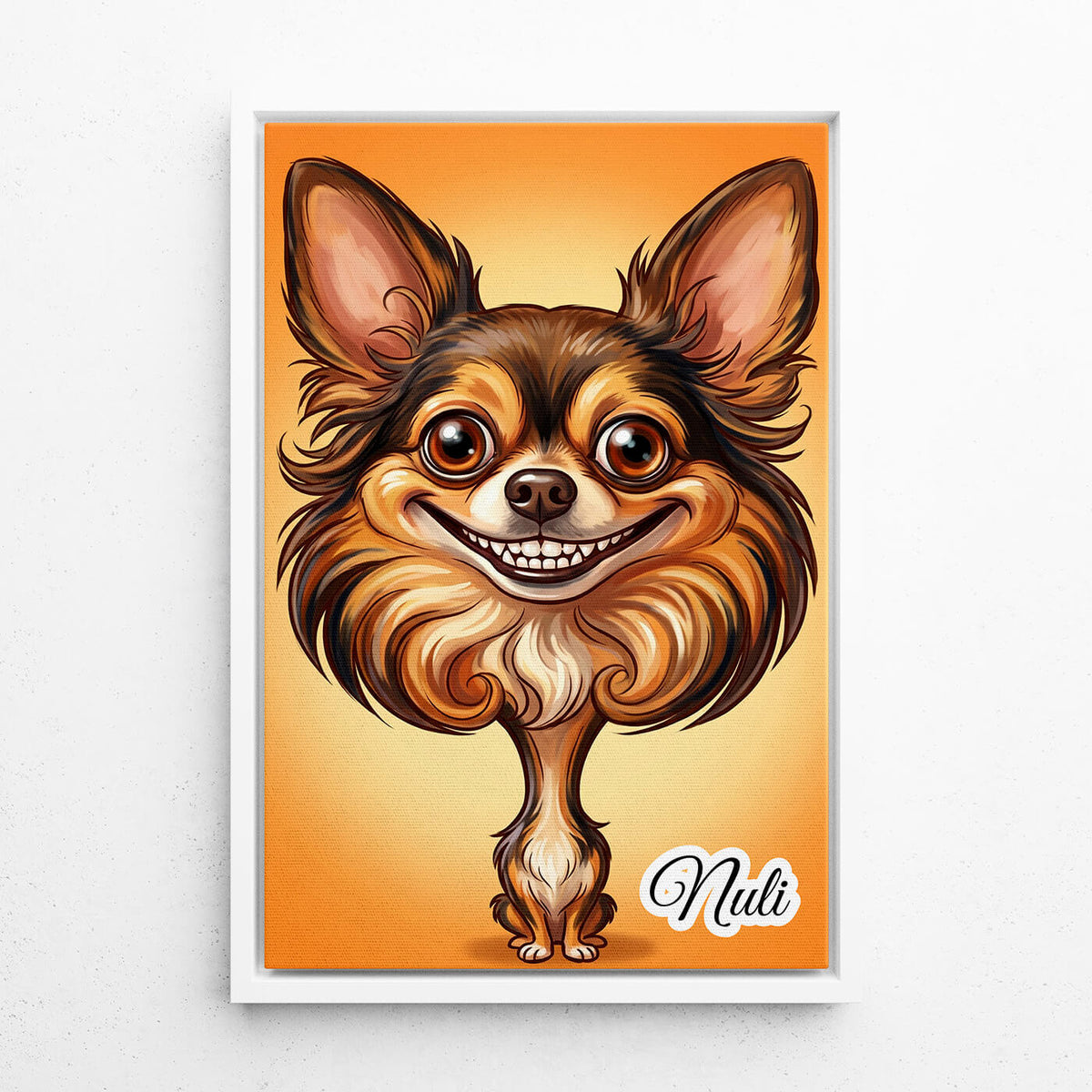 Retrato de perro en estilo caricatura a partir de tu foto - lienzo con marco blanco