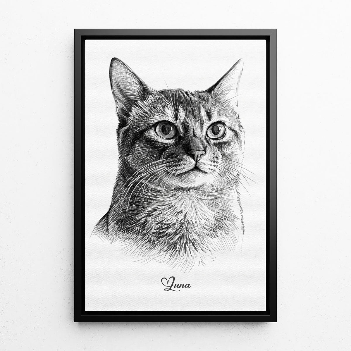 Retrato de gato en estilo lápiz a partir de tu foto - lienzo con marco negro