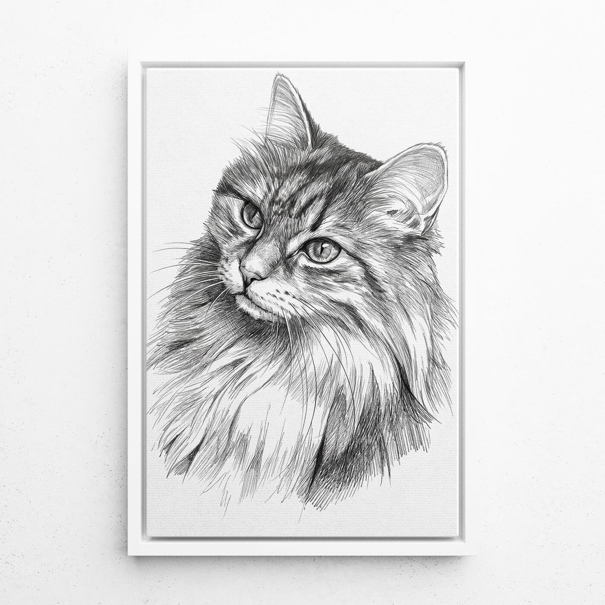 Retrato de gato en estilo lápiz a partir de tu foto - lienzo con marco blanco