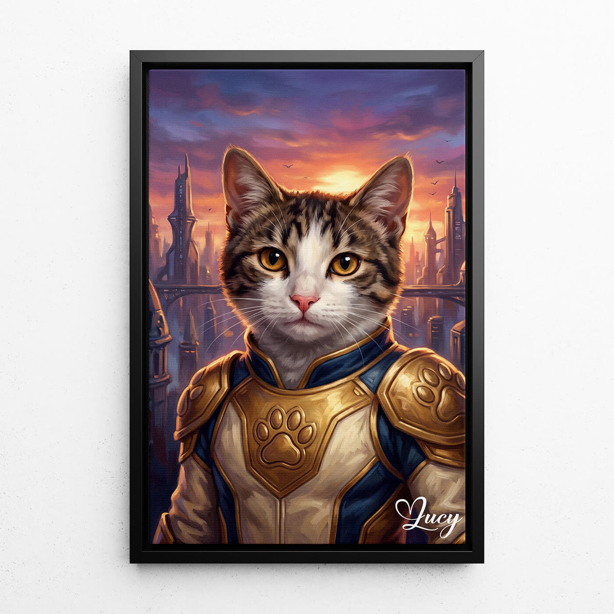 Retrato de gato como superhéroe a partir de tu foto - lienzo con marco negro