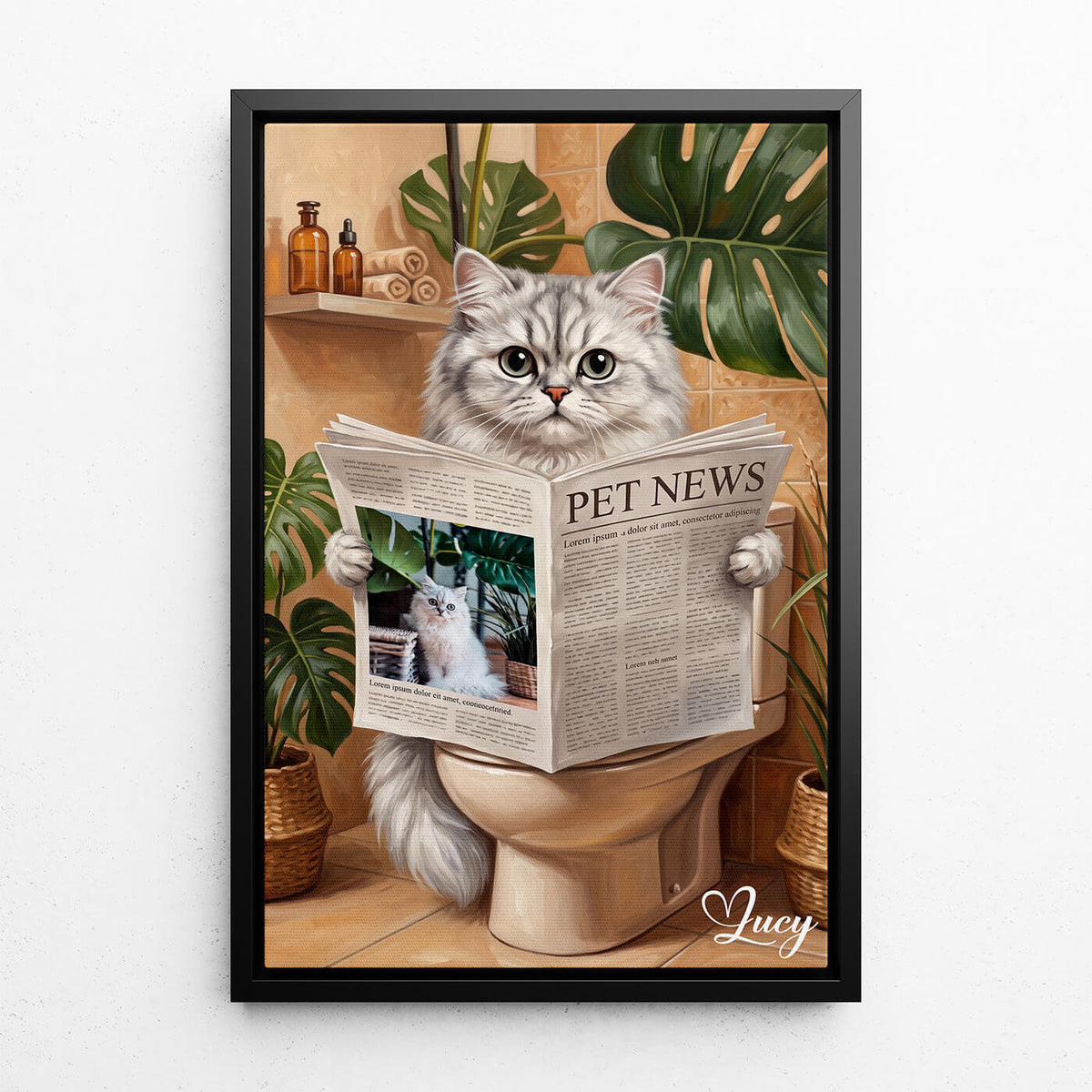 Retrato divertido de gato en el inodoro a partir de tu foto - lienzo con marco negro