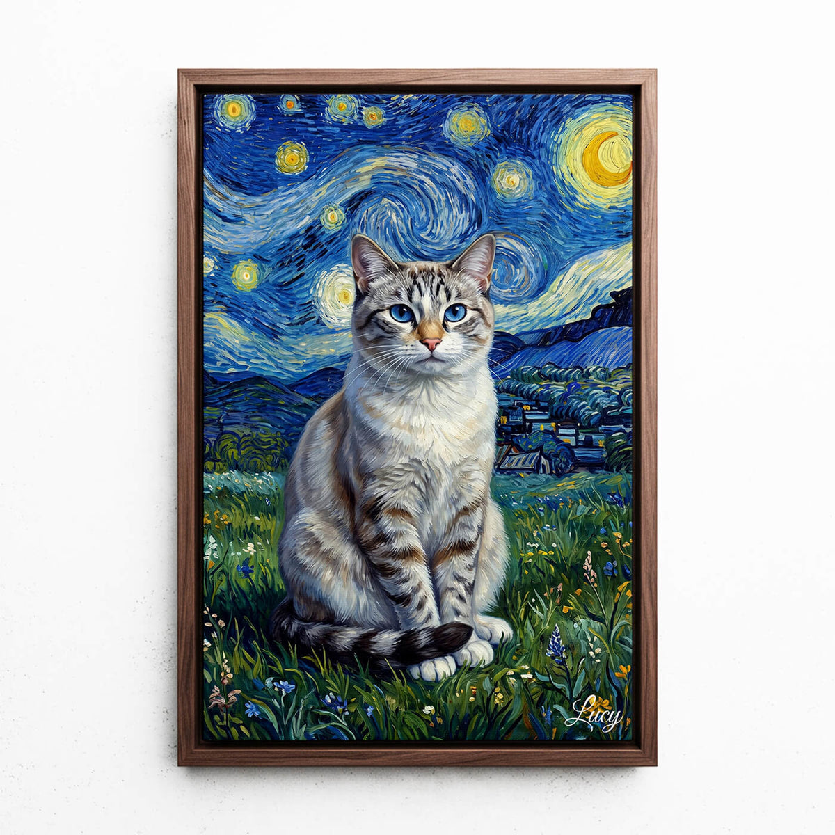 Retrato de gato en estilo Van Gogh a partir de tu foto - lienzo con marco nogal