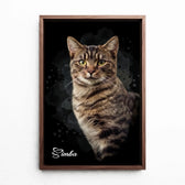 Retrato de gato estilo acuarela oscura a partir de tu foto - lienzo con marco nogal