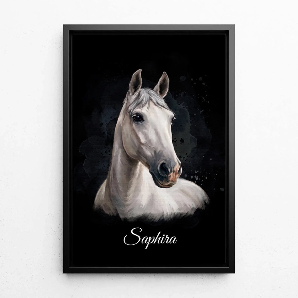 Retrato de caballo en estilo acuarela - Negro a partir de tu foto - lienzo con marco negro