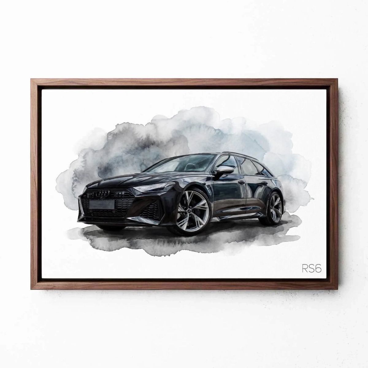 Retrato de coche en estilo acuarela (formato horizontal) a partir de tu foto - lienzo con marco nogal