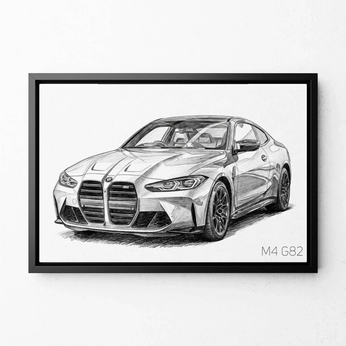 Retrato de coche en estilo lápiz (formato horizontal) a partir de tu foto - lienzo con marco negro