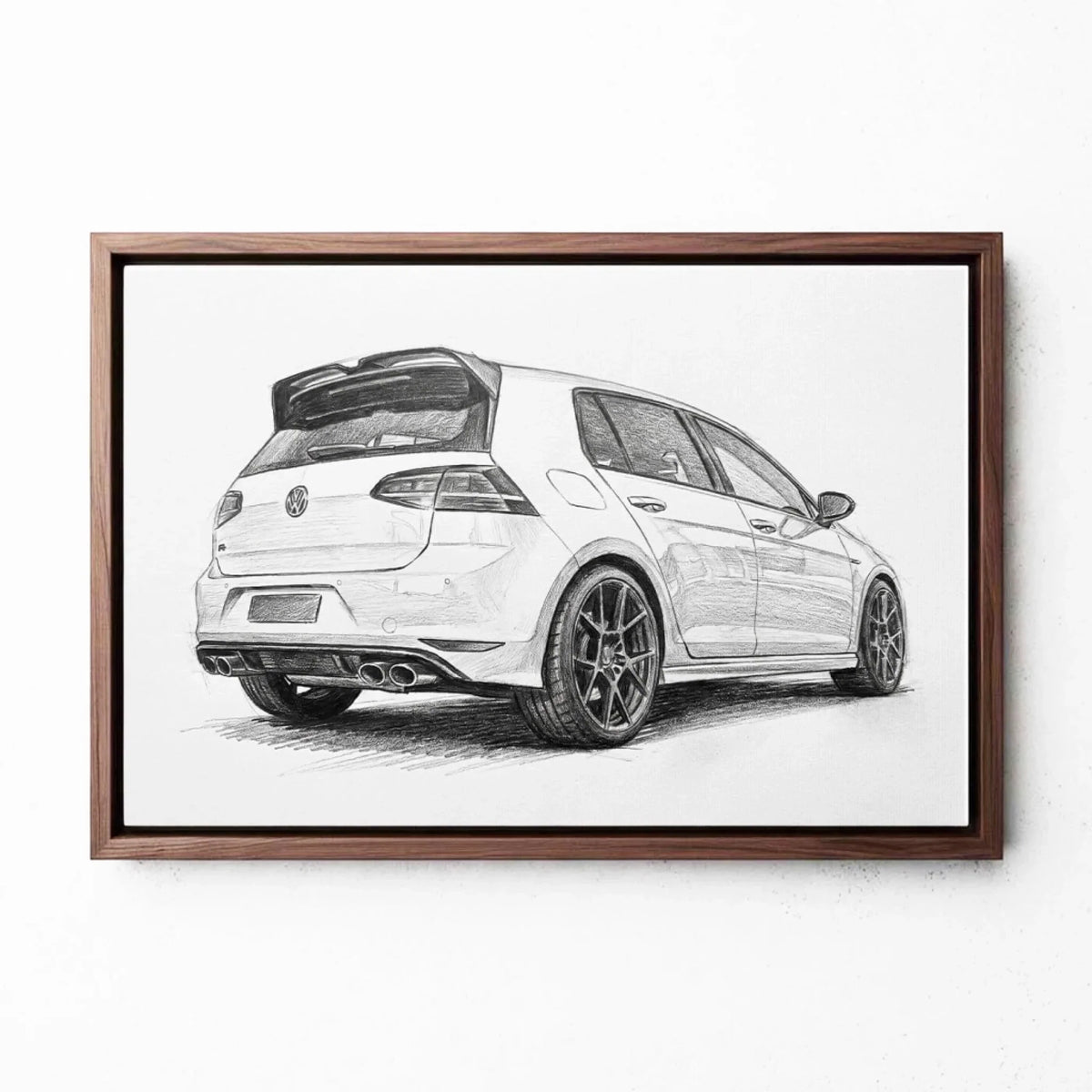 Retrato de coche en estilo lápiz (formato horizontal) a partir de tu foto - lienzo con marco nogal