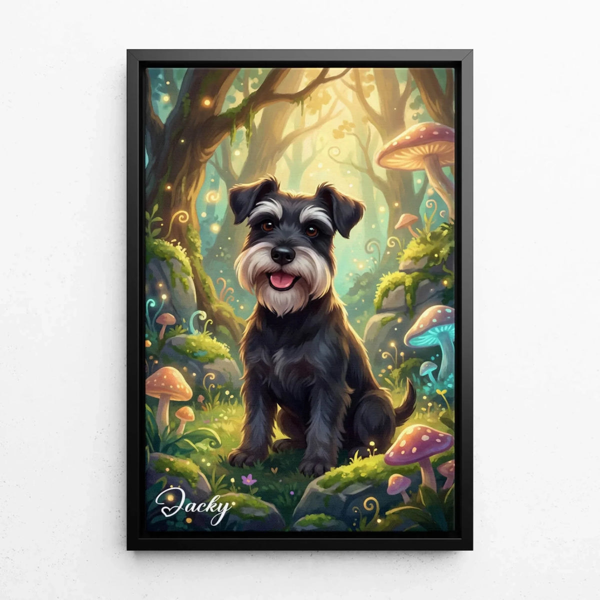 Retrato de perro en estilo fantasía / cartoon a partir de tu foto - lienzo con marco negro