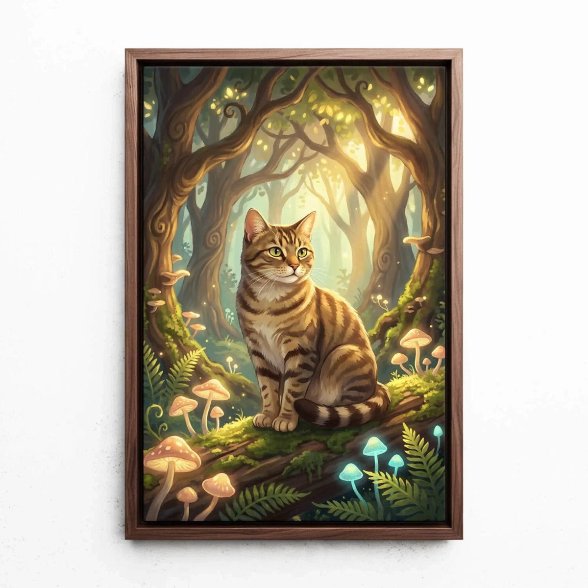 Retrato de gato en estilo fantasía / cartoon a partir de tu foto - lienzo con marco nogal