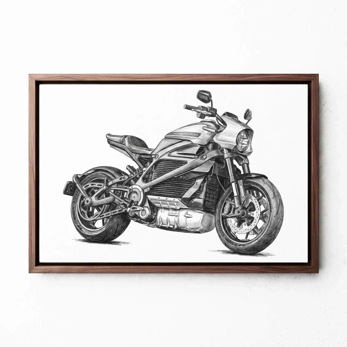 Retrato de moto en estilo lápiz (formato horizontal) a partir de tu foto - lienzo con marco nogal