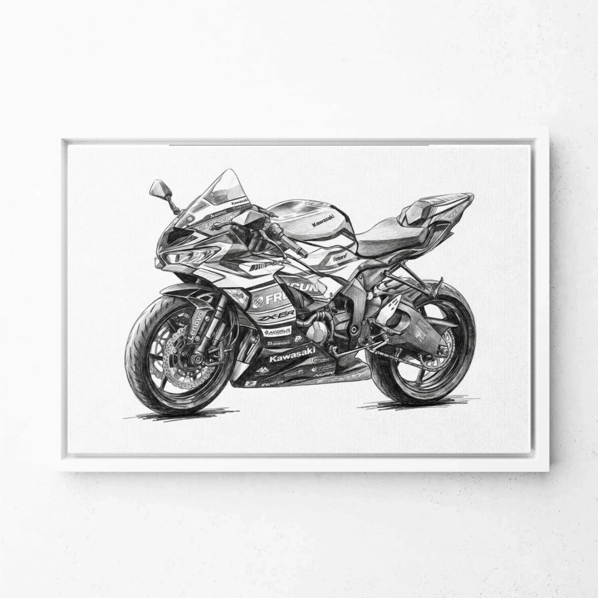 Retrato de moto en estilo lápiz (formato horizontal) a partir de tu foto - lienzo con marco blanco