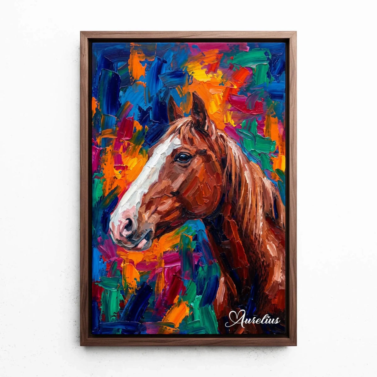 Retrato de caballo en estilo pop art a partir de tu foto - lienzo con marco nogal