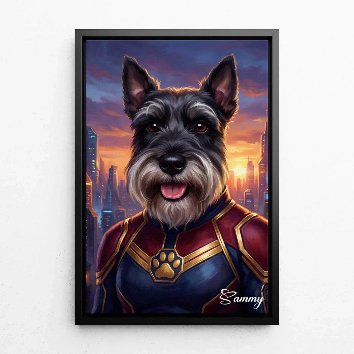 Retrato de perro como superhéroe a partir de tu foto - lienzo con marco negro