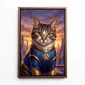 Retrato de gato como superhéroe a partir de tu foto - lienzo con marco nogal