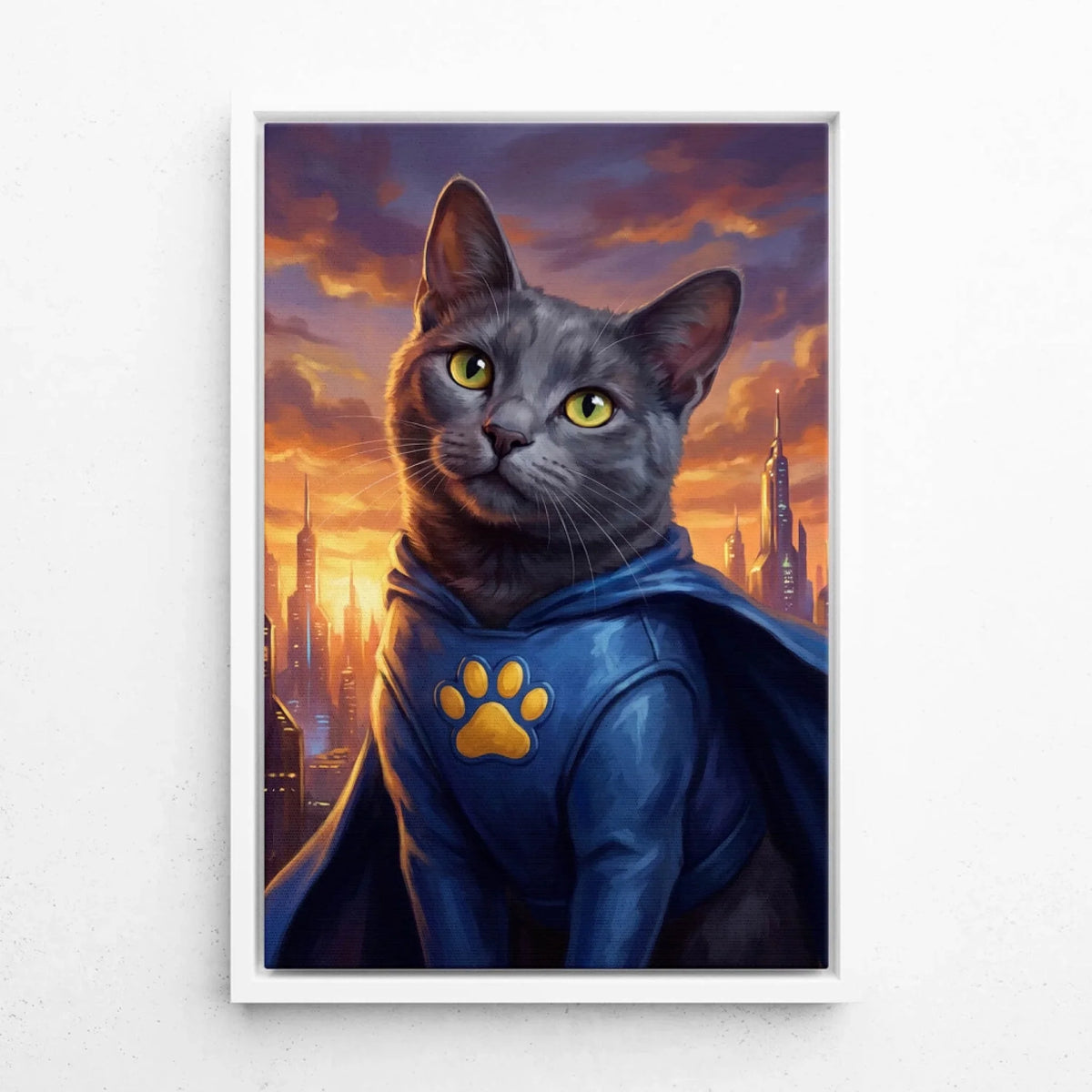 Retrato de gato como superhéroe a partir de tu foto - lienzo con marco blanco