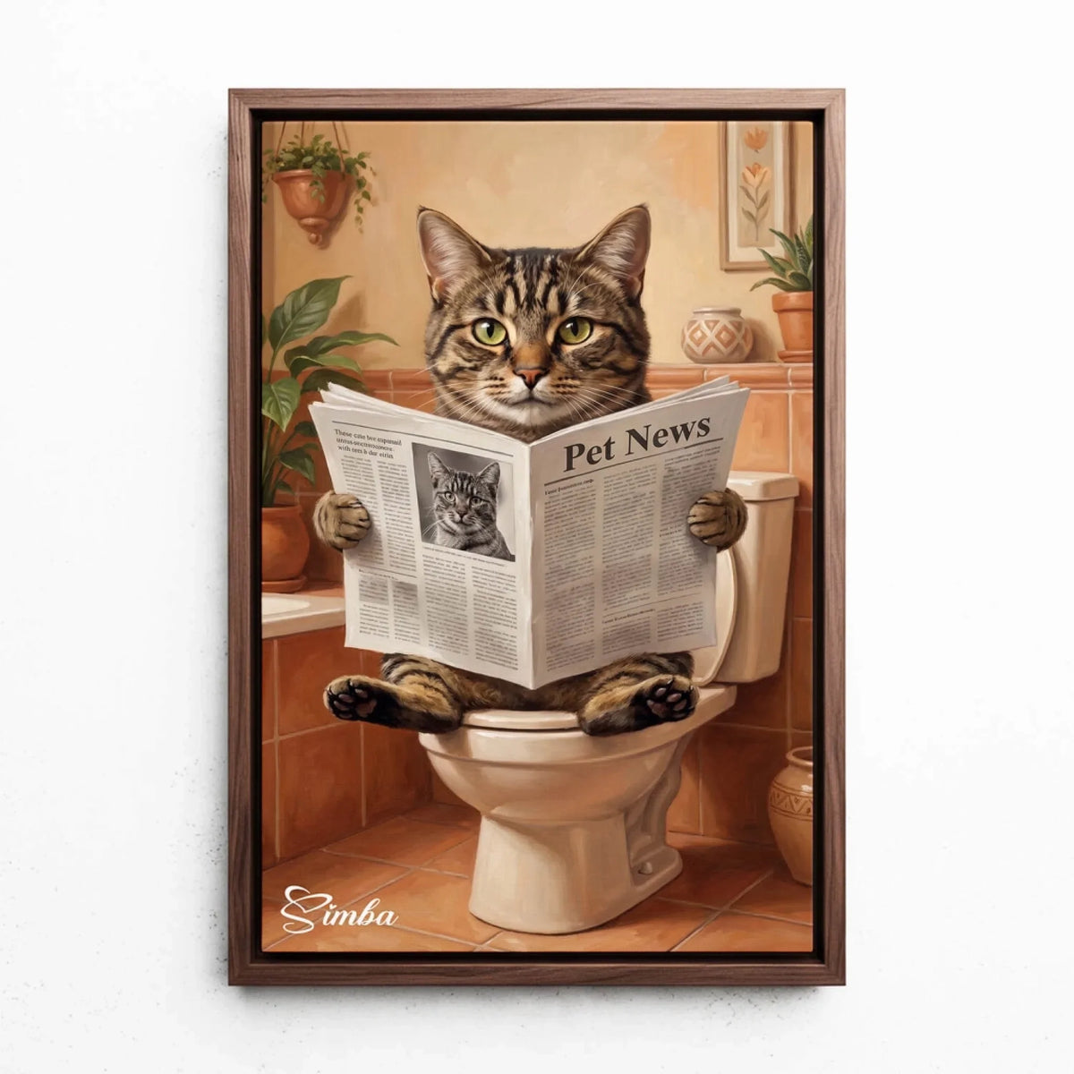 Retrato divertido de gato en el inodoro a partir de tu foto - lienzo con marco nogal