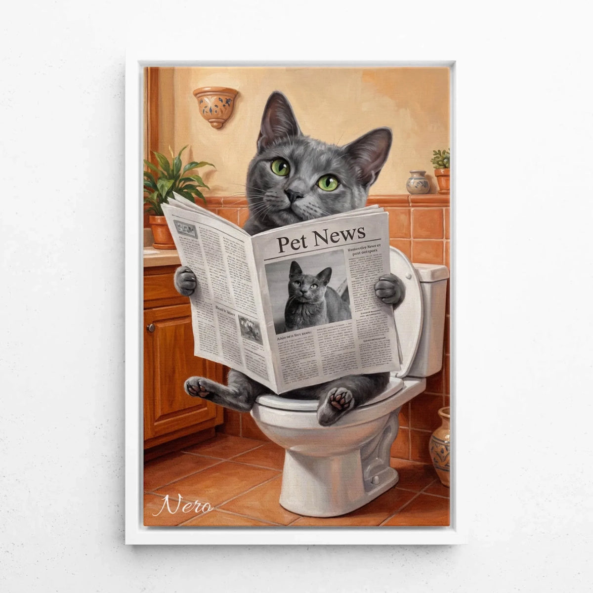 Retrato divertido de gato en el inodoro a partir de tu foto - lienzo con marco blanco