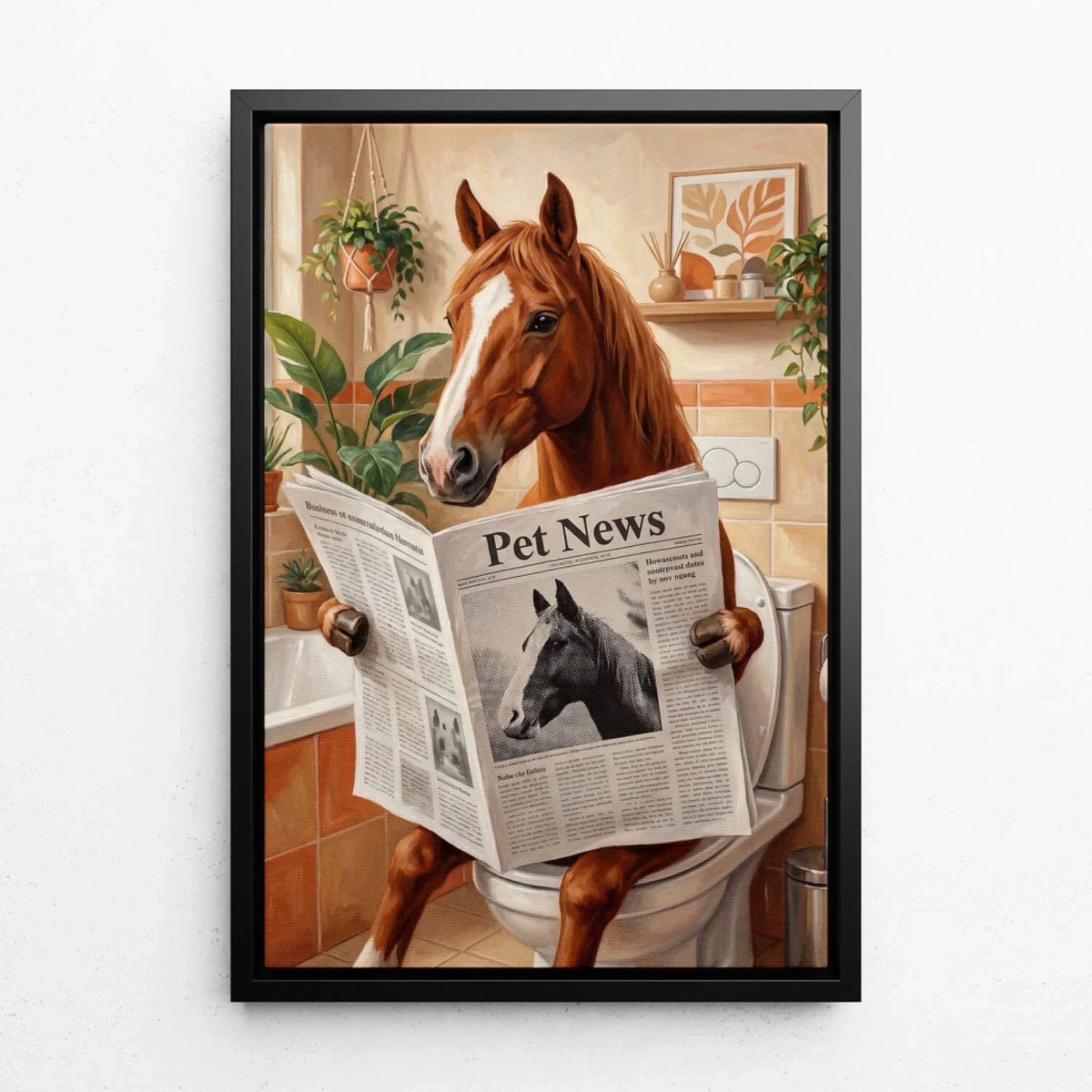 Retrato divertido de caballo en el inodoro a partir de tu foto - lienzo con marco negro