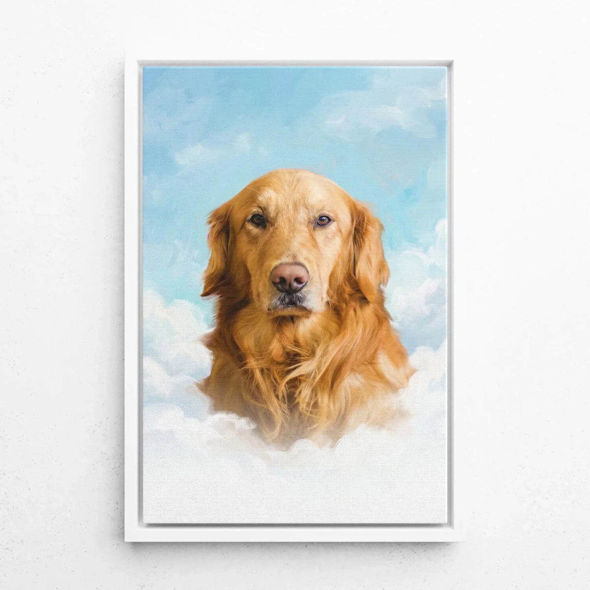 Retrato de perro personalizado en las nubes a partir de tu foto - lienzo con marco blanco