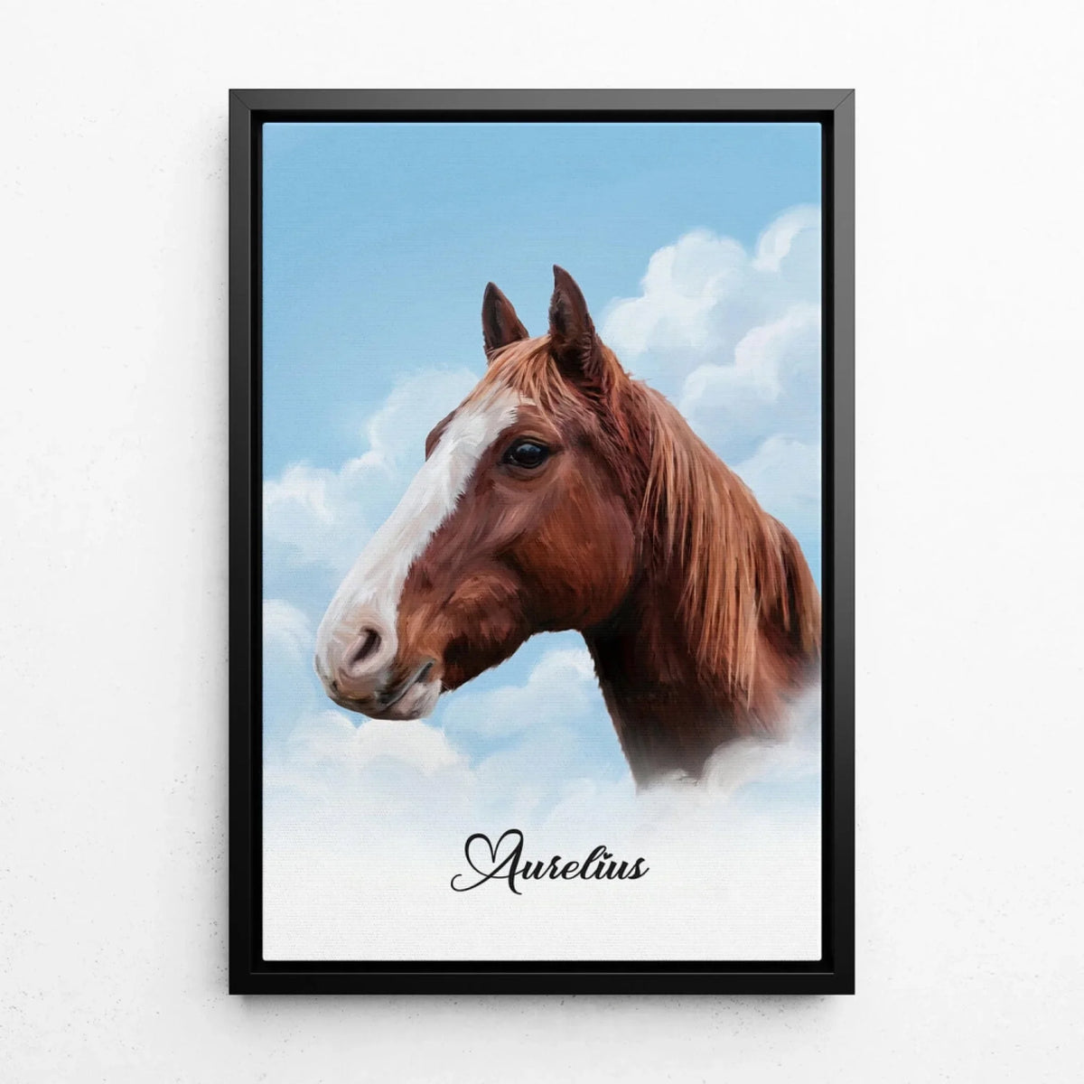 Retrato de caballo personalizado en las nubes a partir de tu foto - lienzo con marco negro