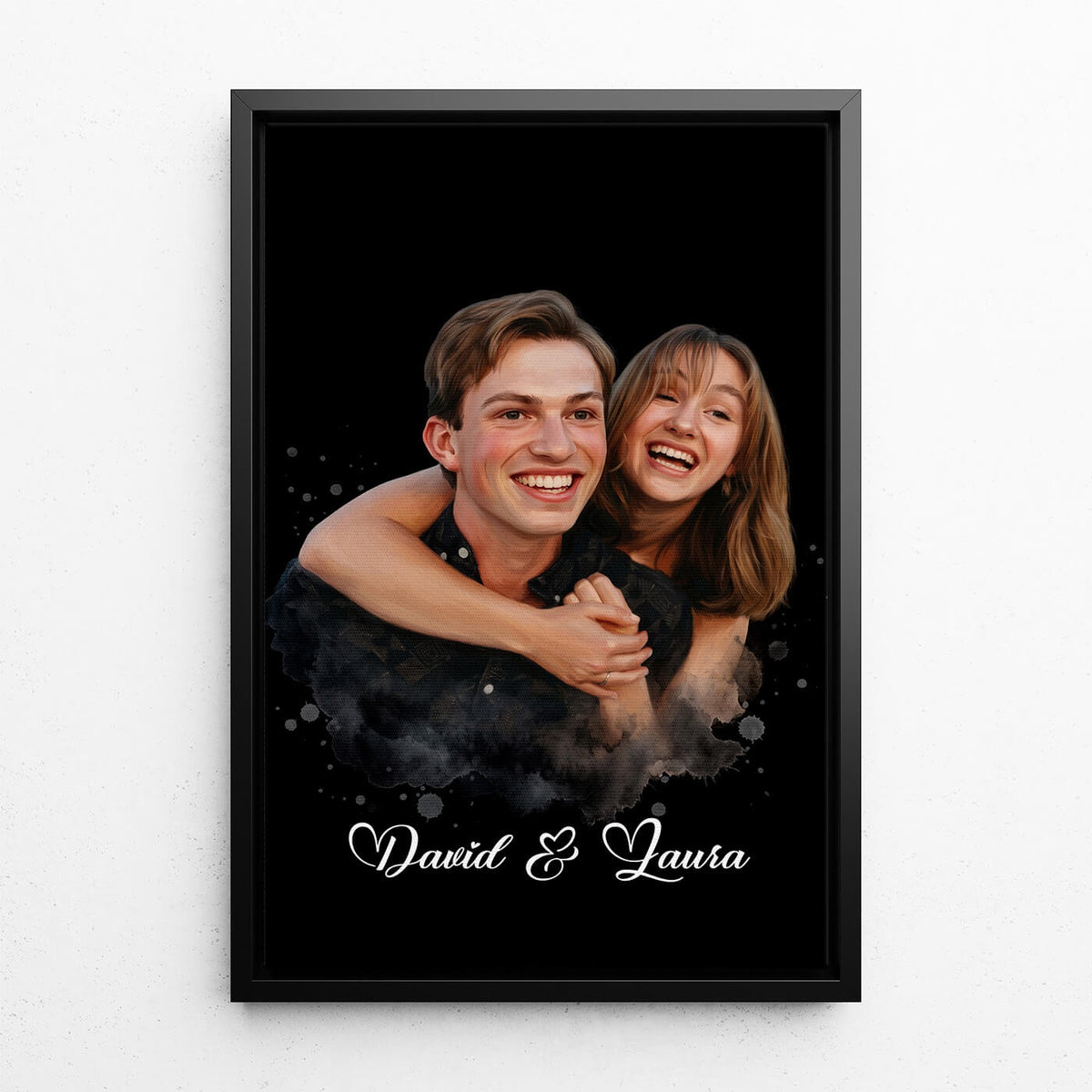 Retrato de pareja y familia en estilo acuarela - Negro a partir de tu foto - lienzo con marco negro