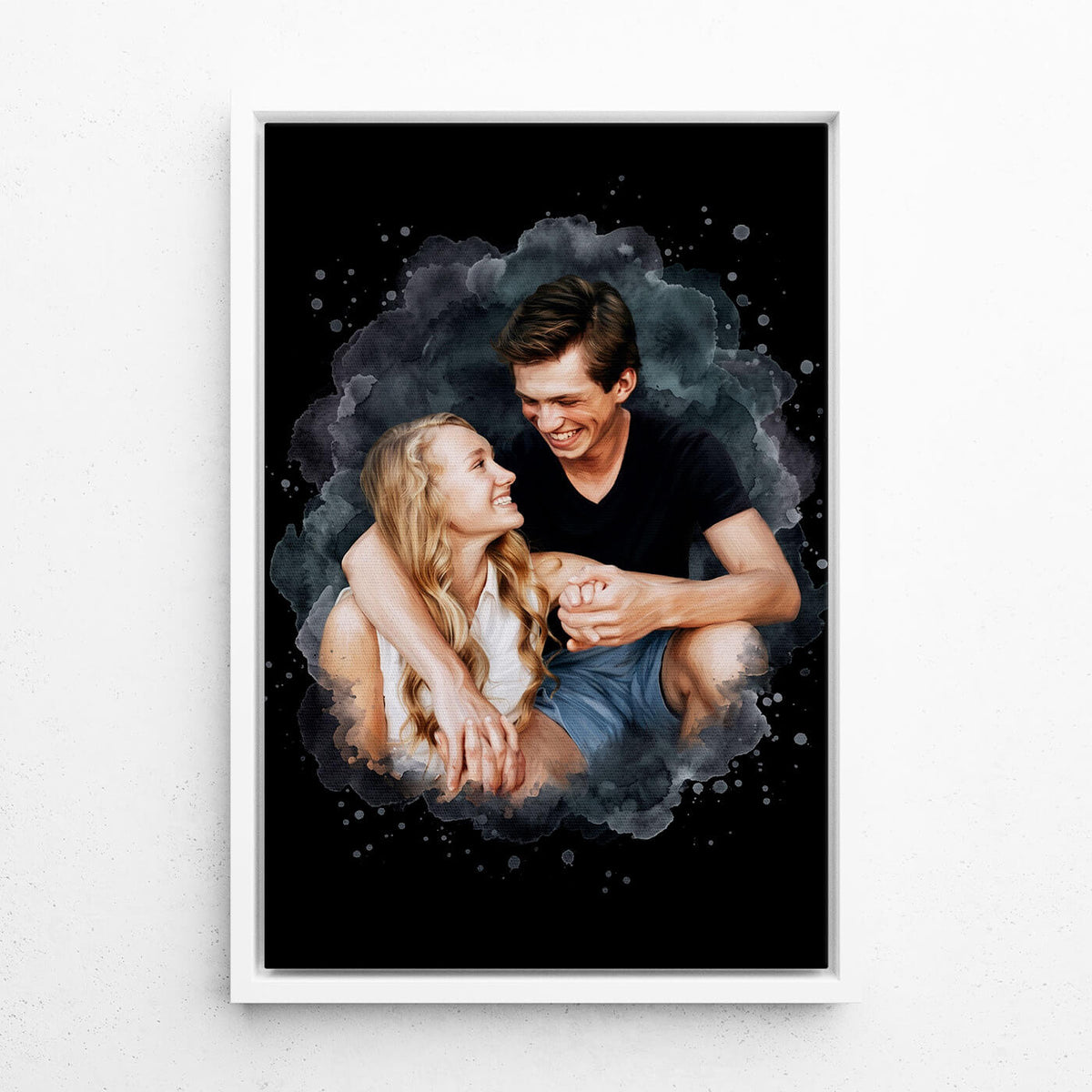 Retrato de pareja y familia en estilo acuarela - Negro a partir de tu foto - lienzo con marco blanco