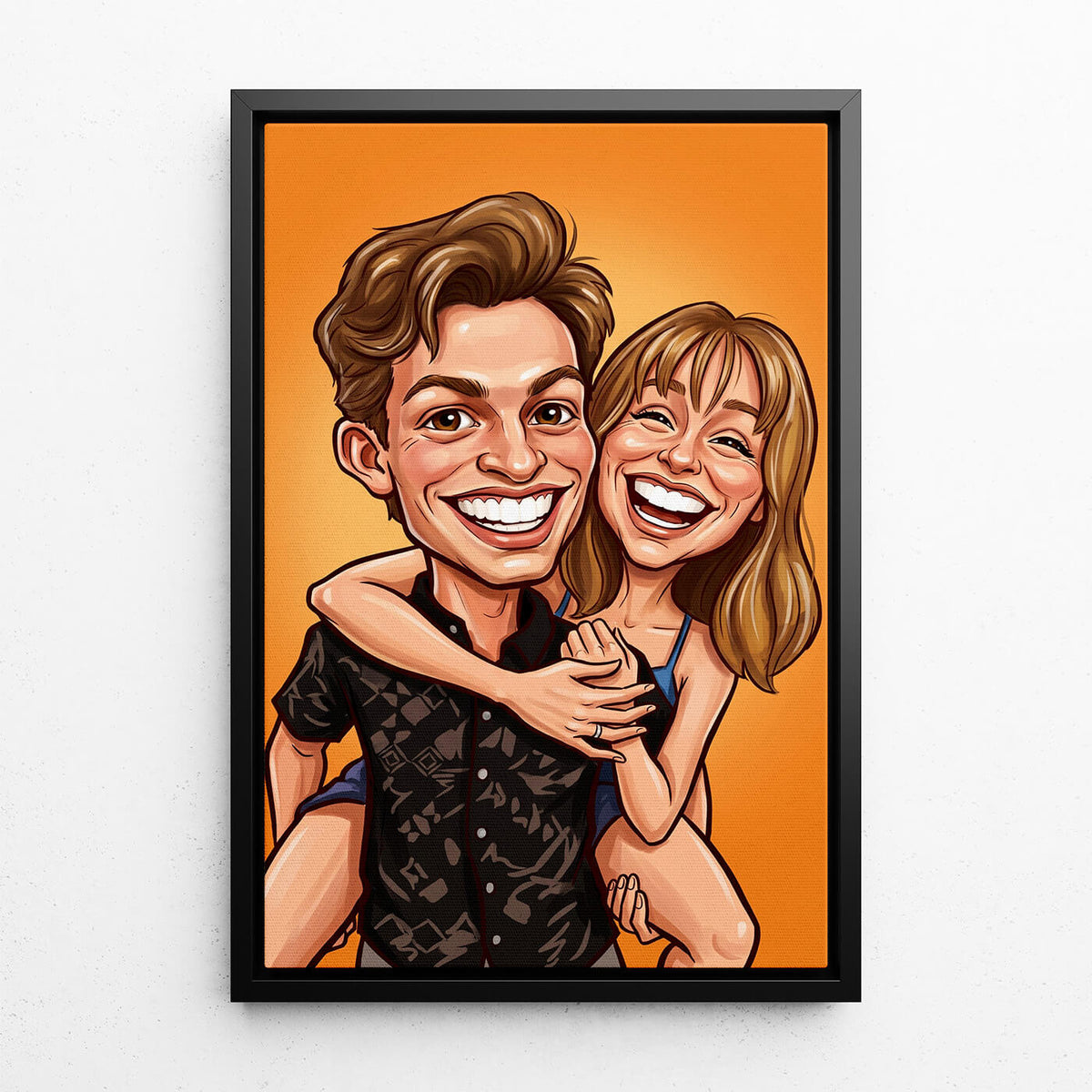 Retrato de pareja y familia en estilo caricatura a partir de tu foto - lienzo con marco negro