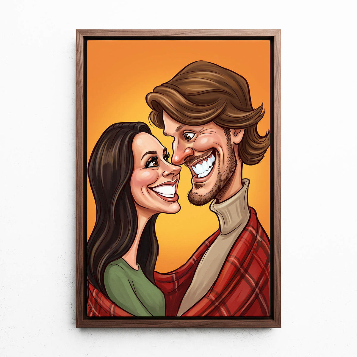 Retrato de pareja y familia en estilo caricatura a partir de tu foto - lienzo con marco nogal