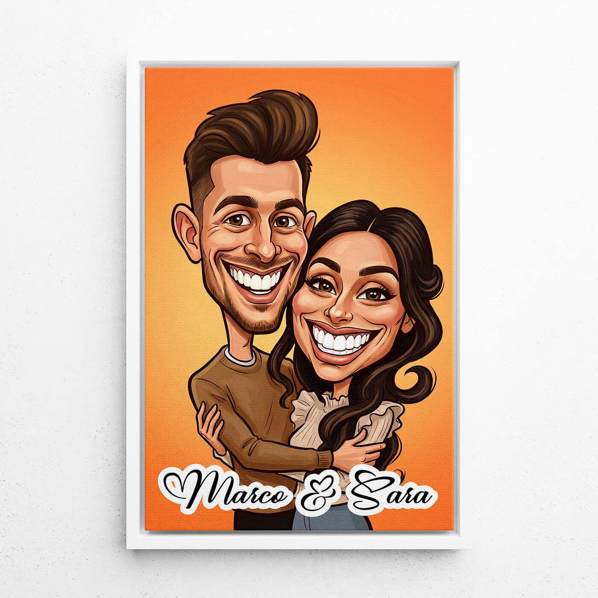 Retrato de pareja y familia en estilo caricatura a partir de tu foto - lienzo con marco blanco