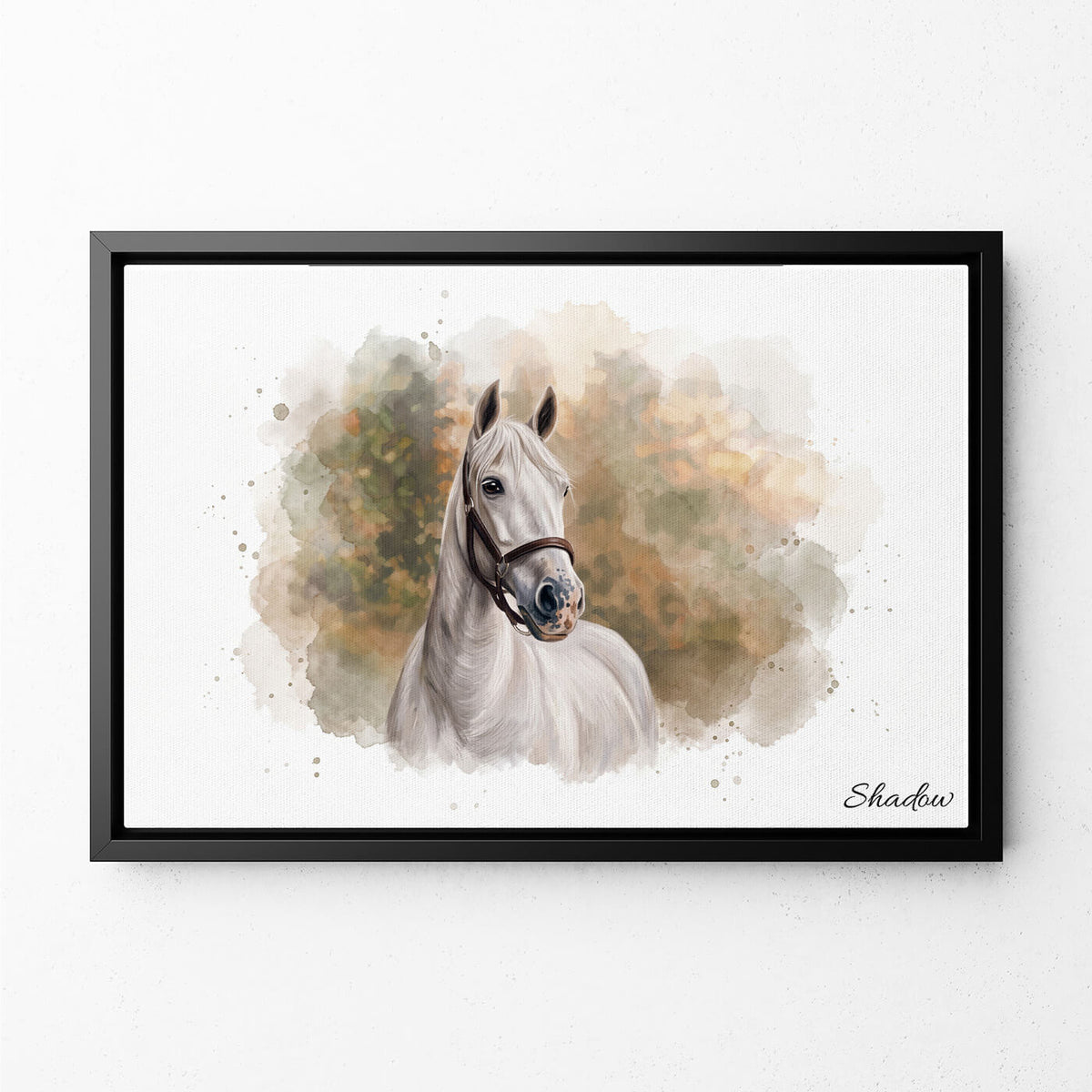 Retrato de caballo en estilo acuarela (formato horizontal) a partir de tu foto - lienzo con marco negro