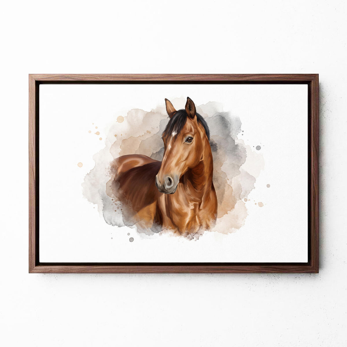 Retrato de caballo en estilo acuarela (formato horizontal) a partir de tu foto - lienzo con marco nogal