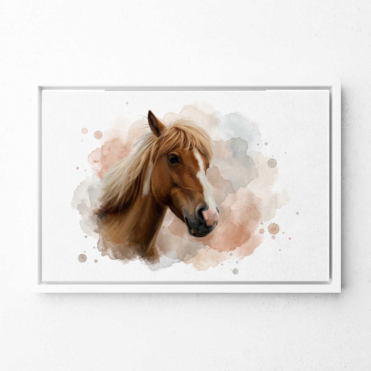 Retrato de caballo en estilo acuarela (formato horizontal) a partir de tu foto - lienzo con marco blanco