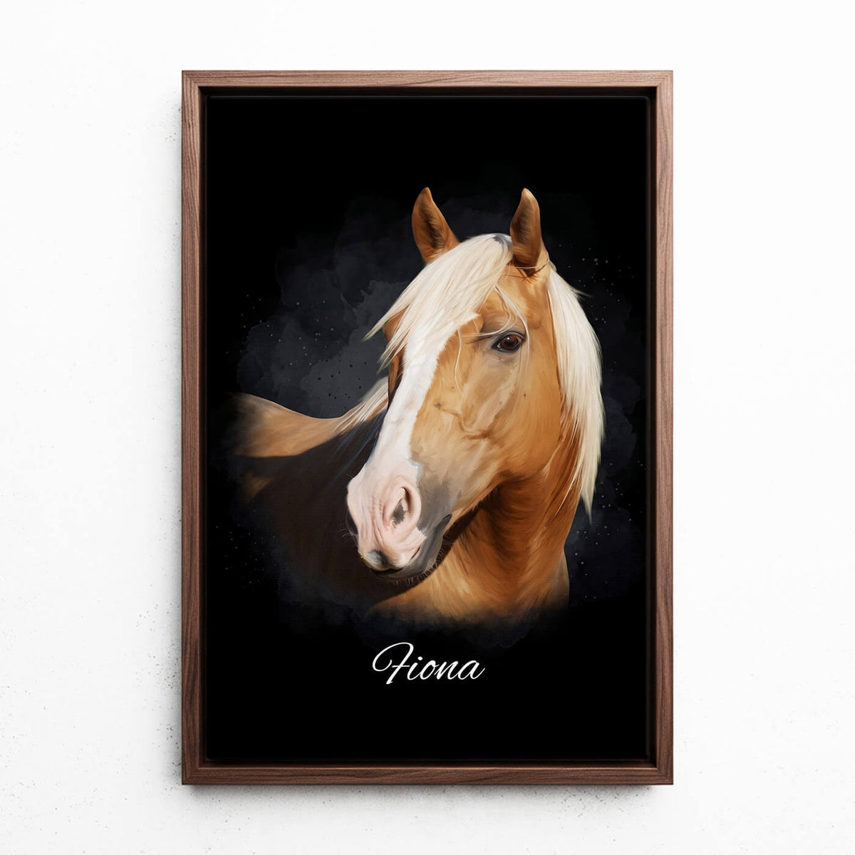 Retrato de caballo en estilo acuarela - Negro a partir de tu foto - lienzo con marco nogal