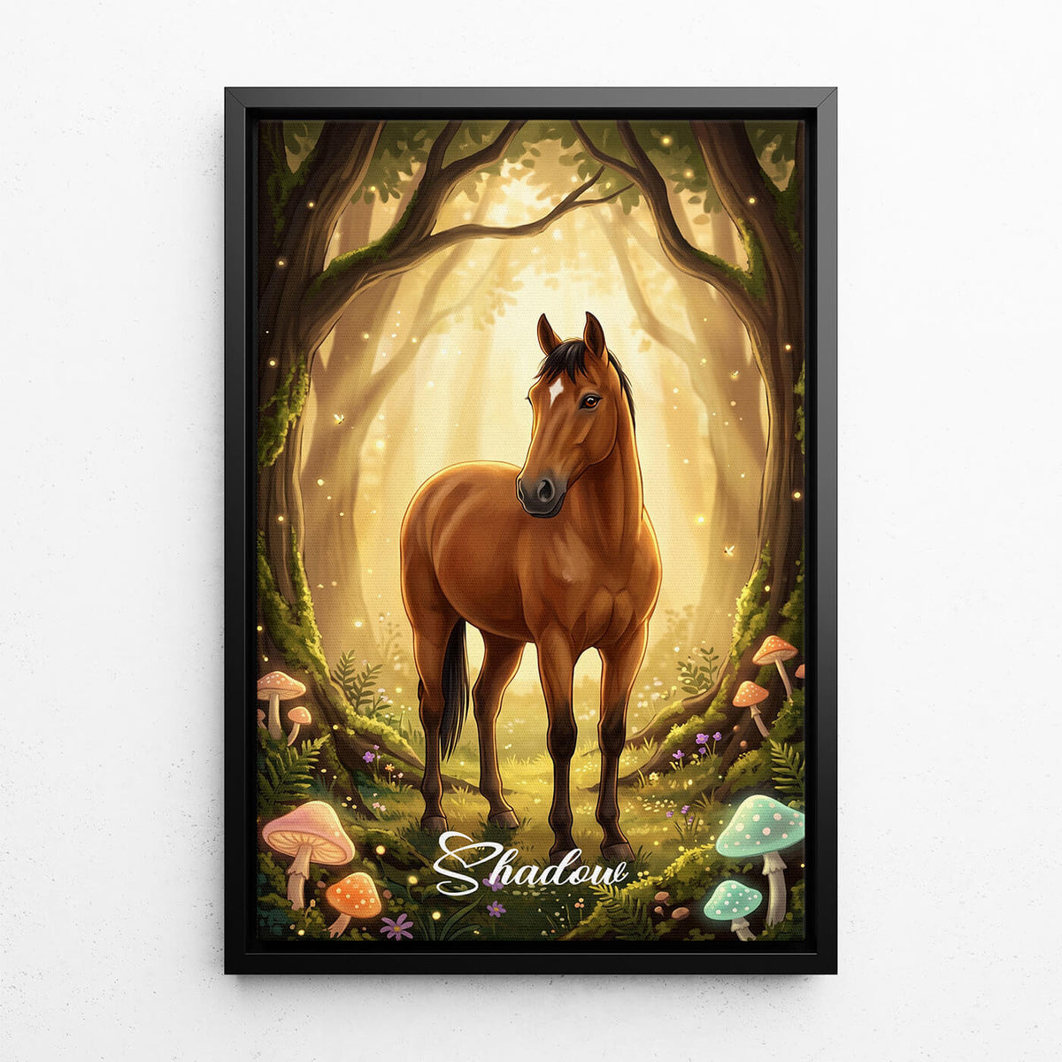 Retrato de caballo en estilo fantasía / cartoon a partir de tu foto - lienzo con marco negro