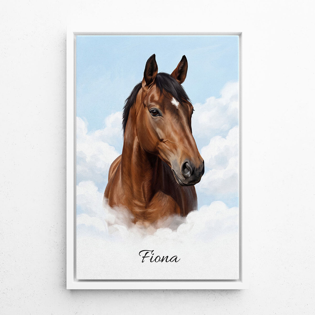 Retrato de caballo personalizado en las nubes a partir de tu foto - lienzo con marco blanco