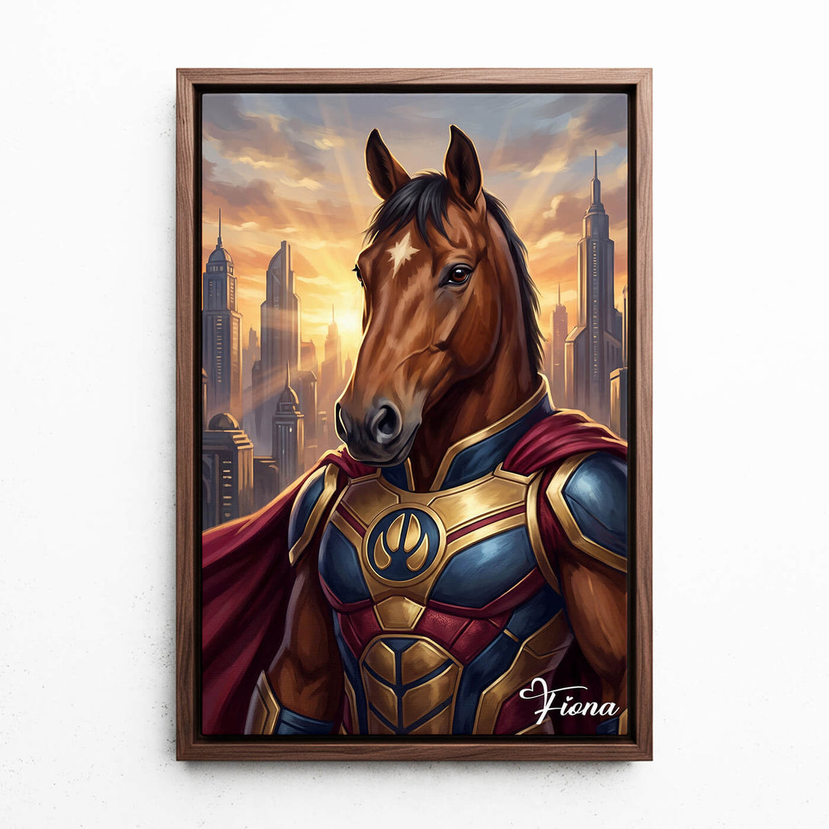 Retrato de caballo como superhéroe a partir de tu foto - lienzo con marco nogal