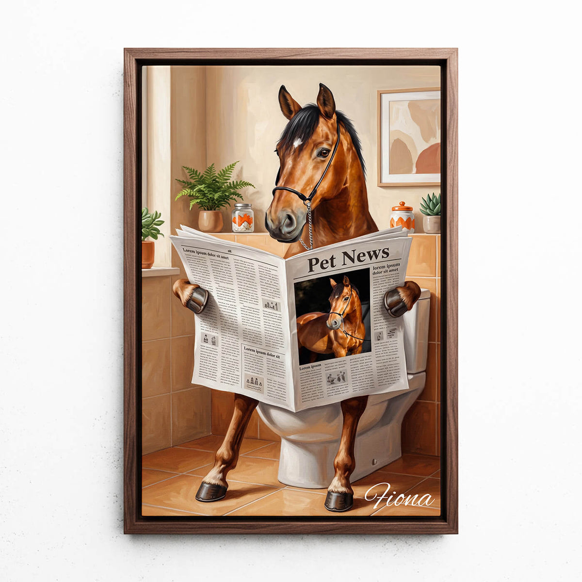 Retrato divertido de caballo en el inodoro a partir de tu foto - lienzo con marco nogal