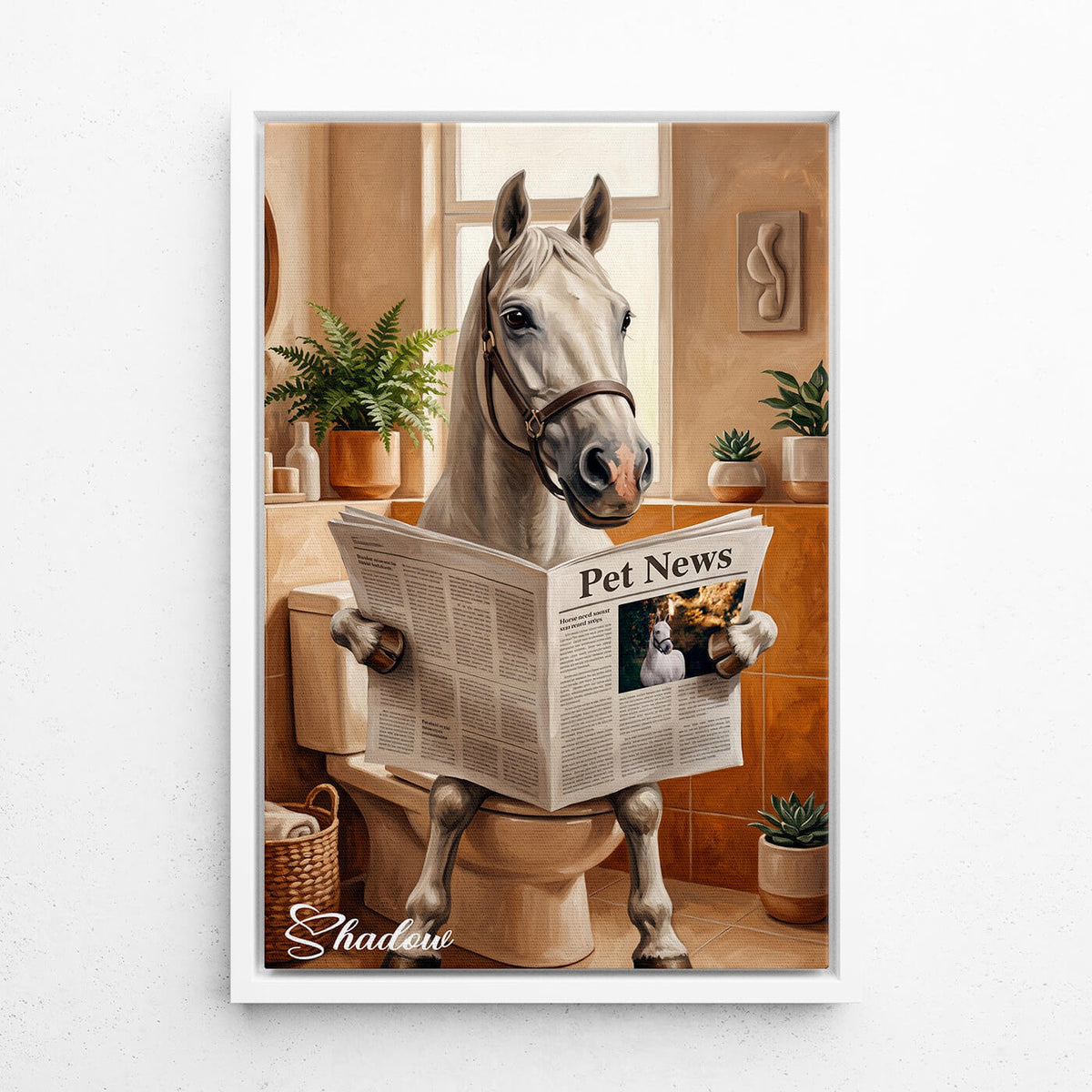 Retrato divertido de caballo en el inodoro a partir de tu foto - lienzo con marco blanco