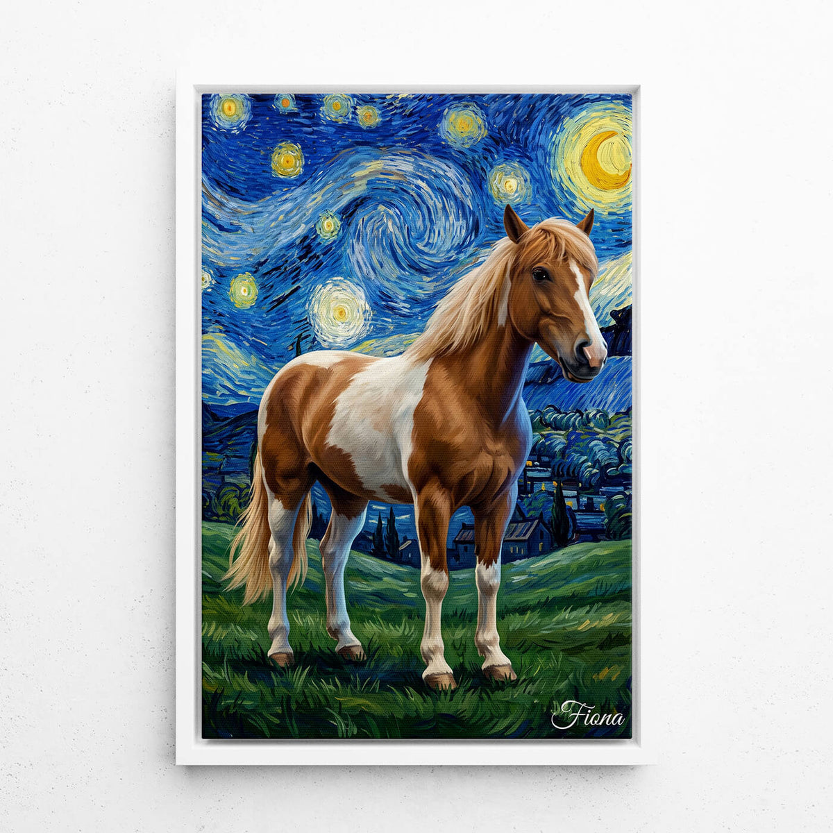 Retrato de caballo en estilo Van Gogh a partir de tu foto - lienzo con marco blanco